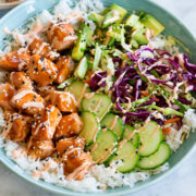 Finished salmon rice bowl.