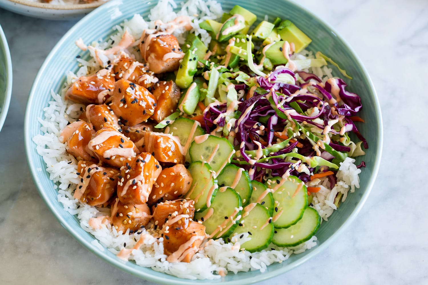 Finished salmon rice bowl.