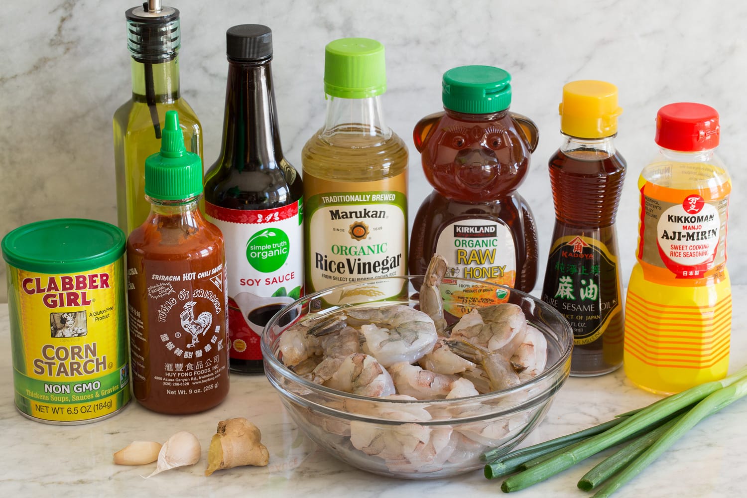 Ingredients needed to make teriyaki shrimp.