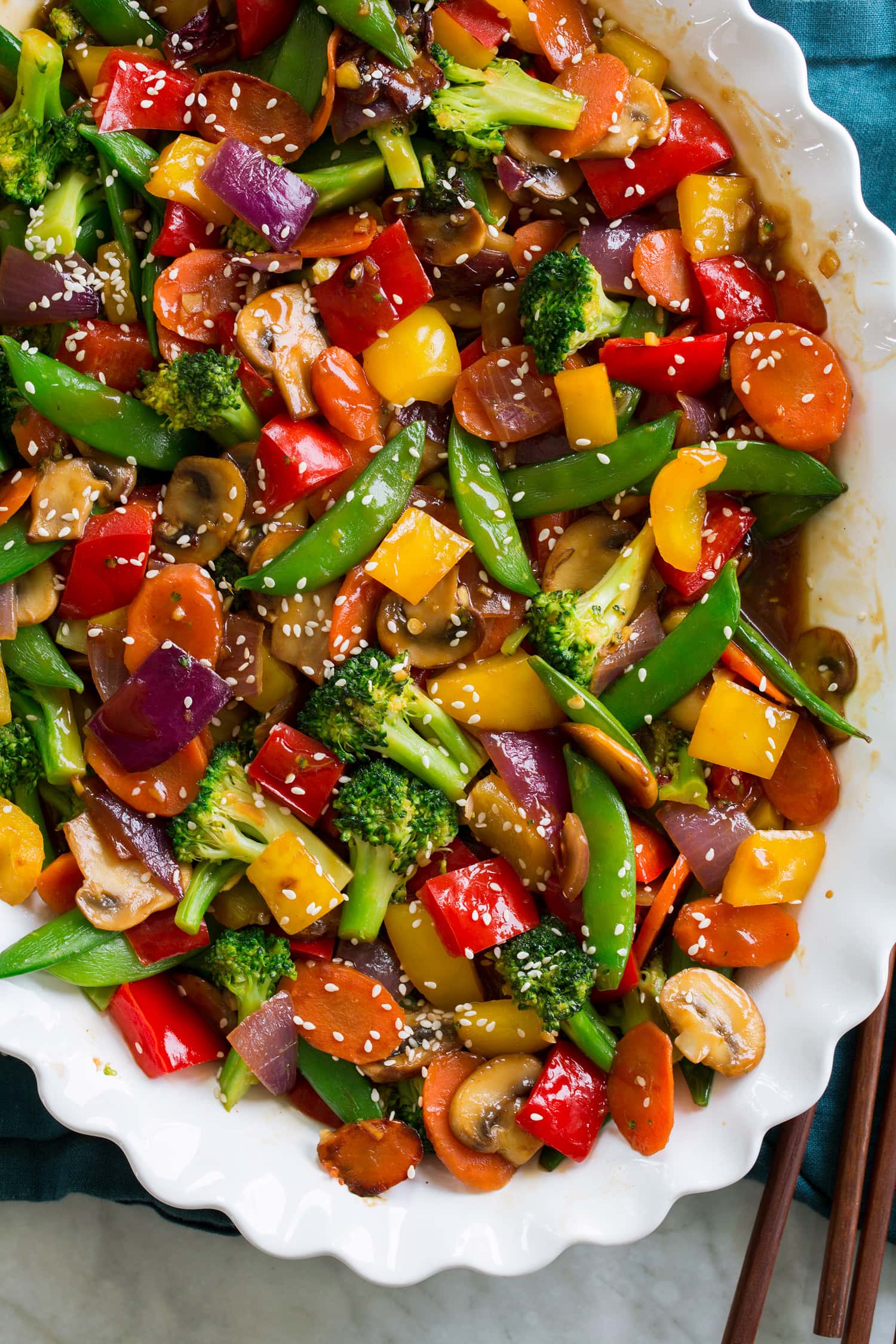 Close up photo of stir fried vegetables.