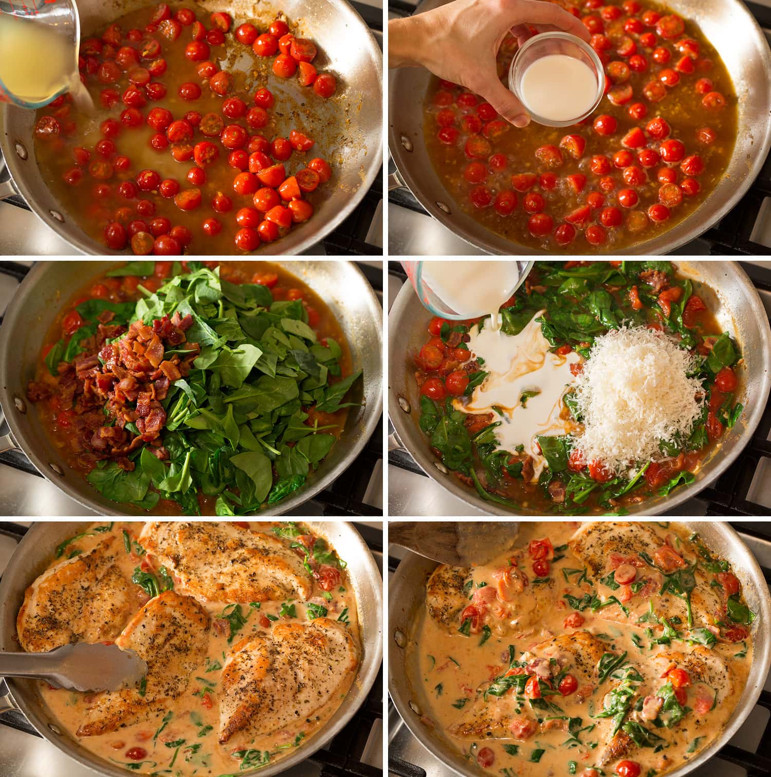 Steps for tomato bacon spinach sauce for chicken blt salad.