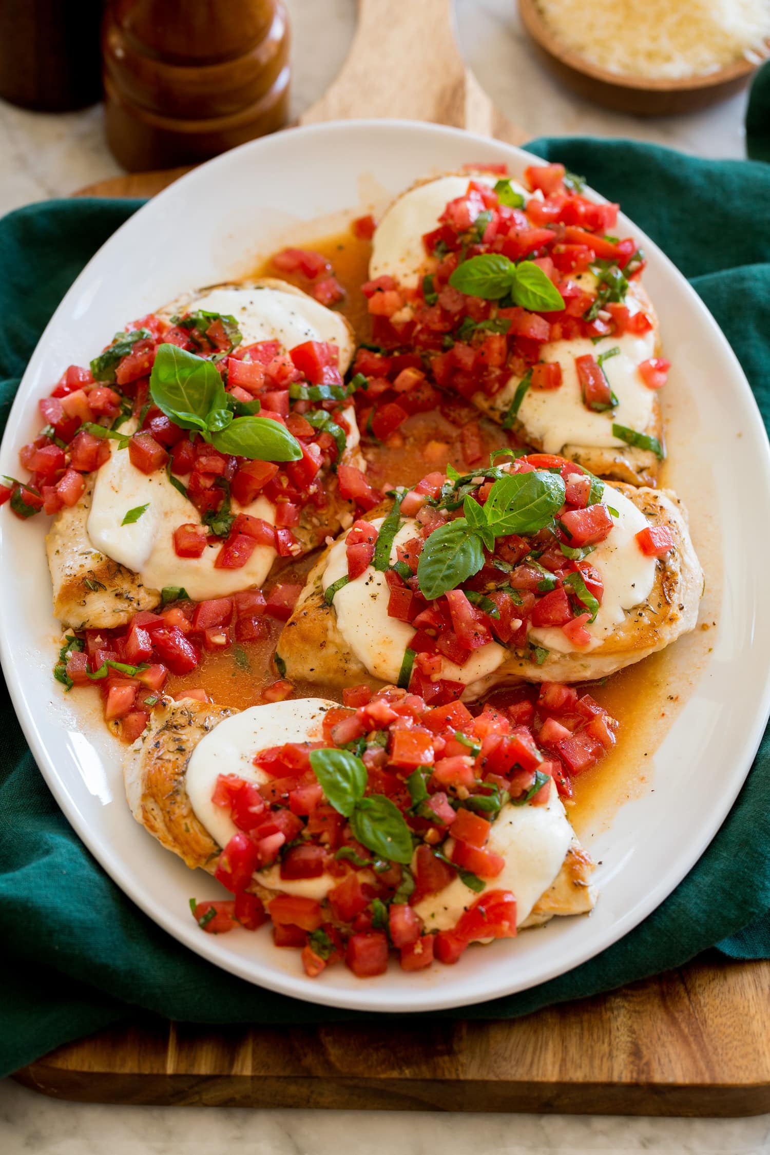 Pan seared bruschetta chicken with fresh mozzarella.