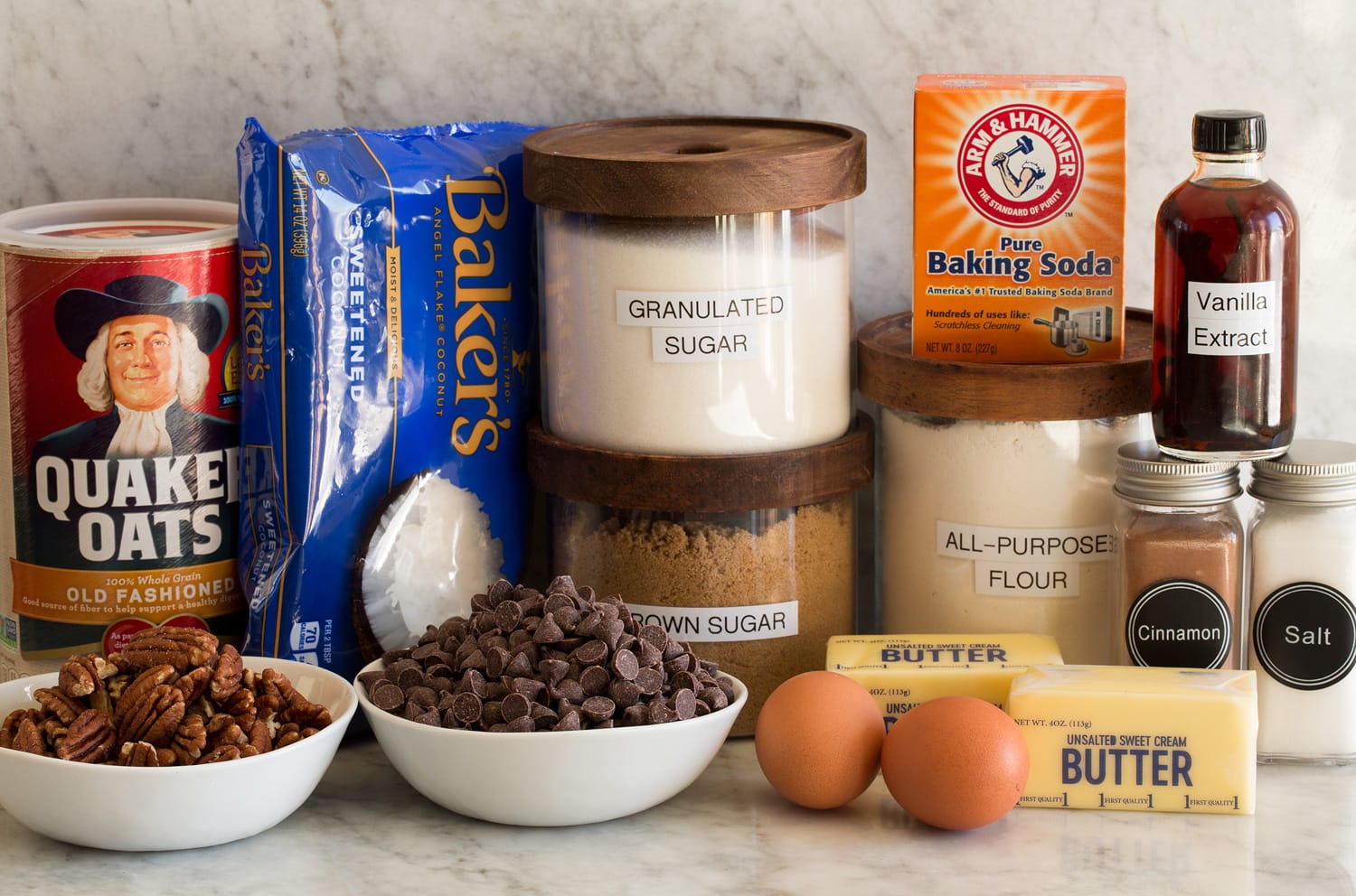 Ingredients needed to make cowboy cookies shown.