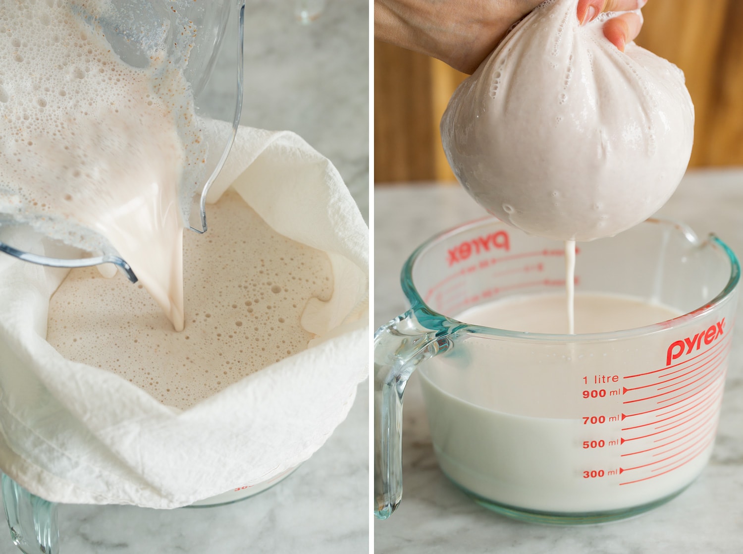 Straining almonds in a nut bag.