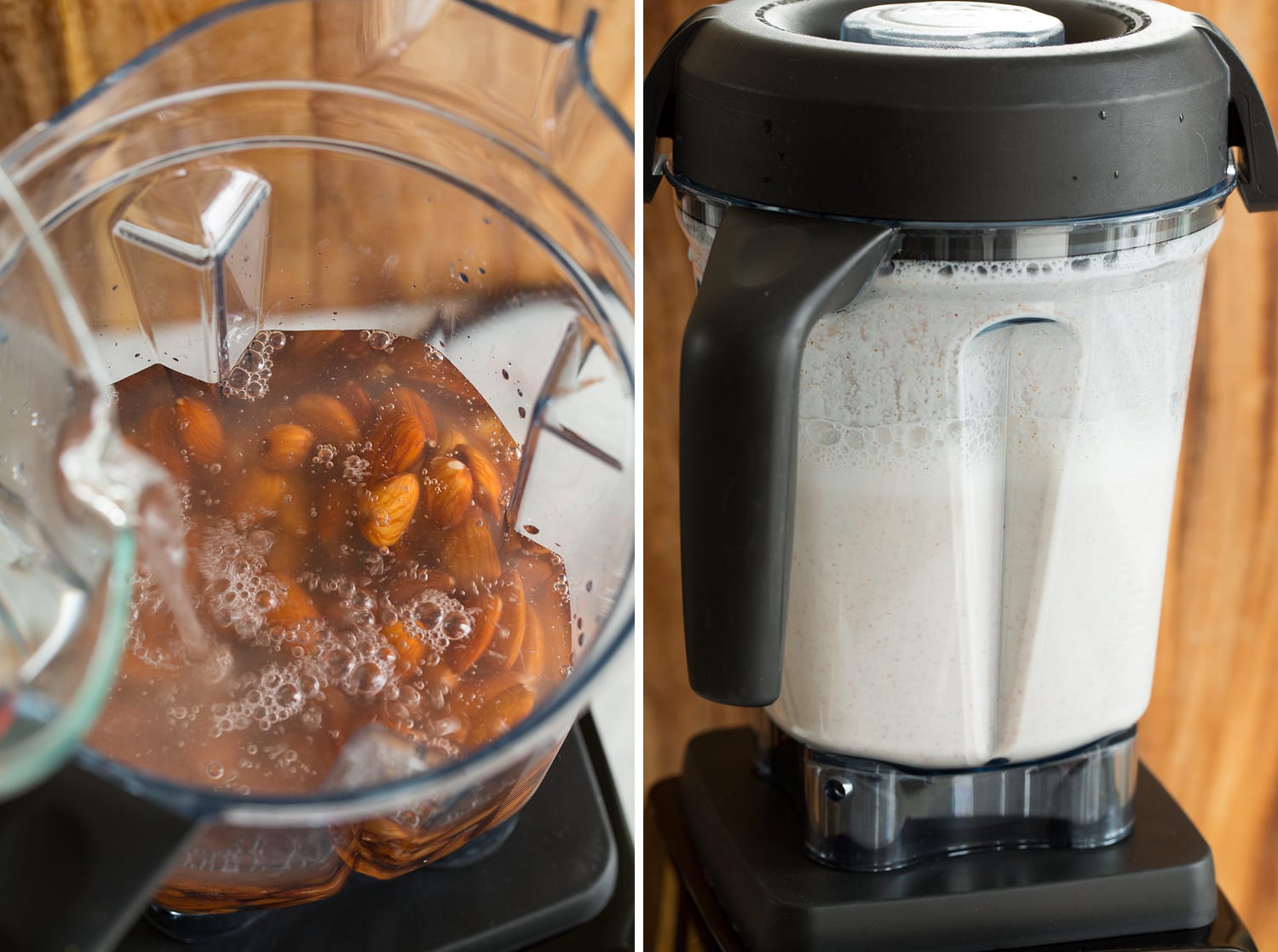 Almond milk in a blender before and after blending almonds.