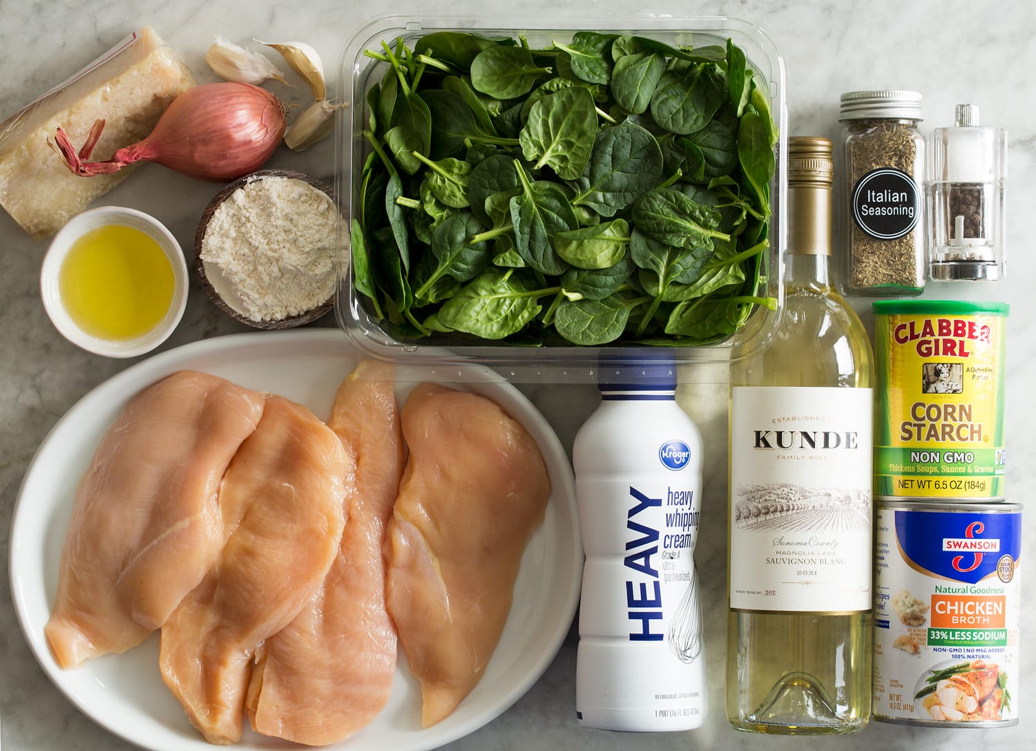 Ingredients needed to make chicken florentine.