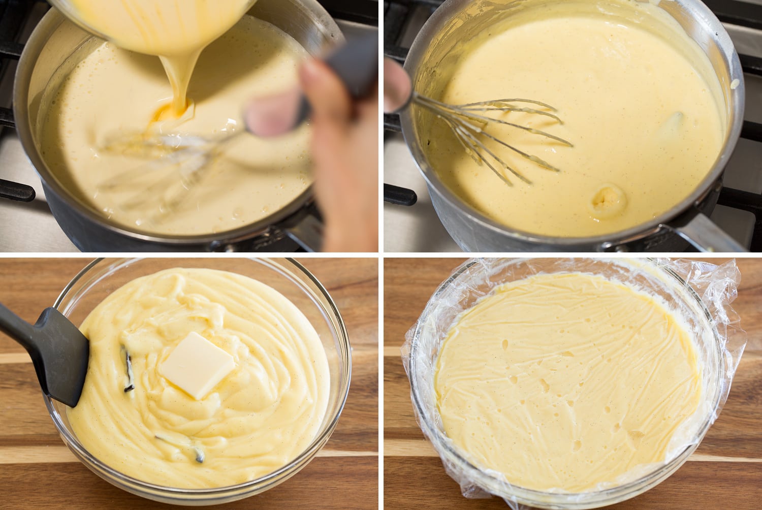 Steps showing how to cook pudding on the stovetop in a saucepan.