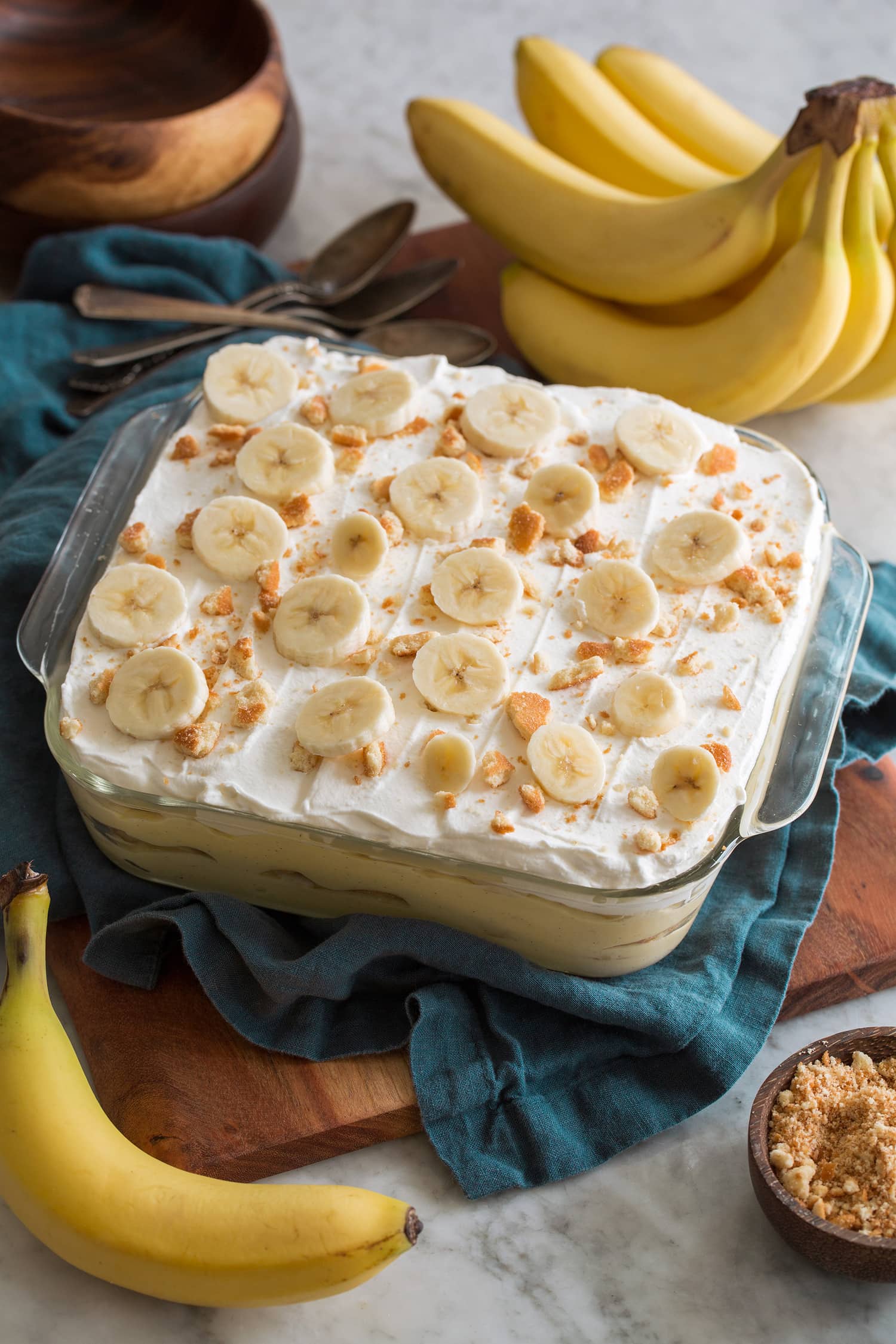 Completed banana pudding in an 8 by 8 baking dish.