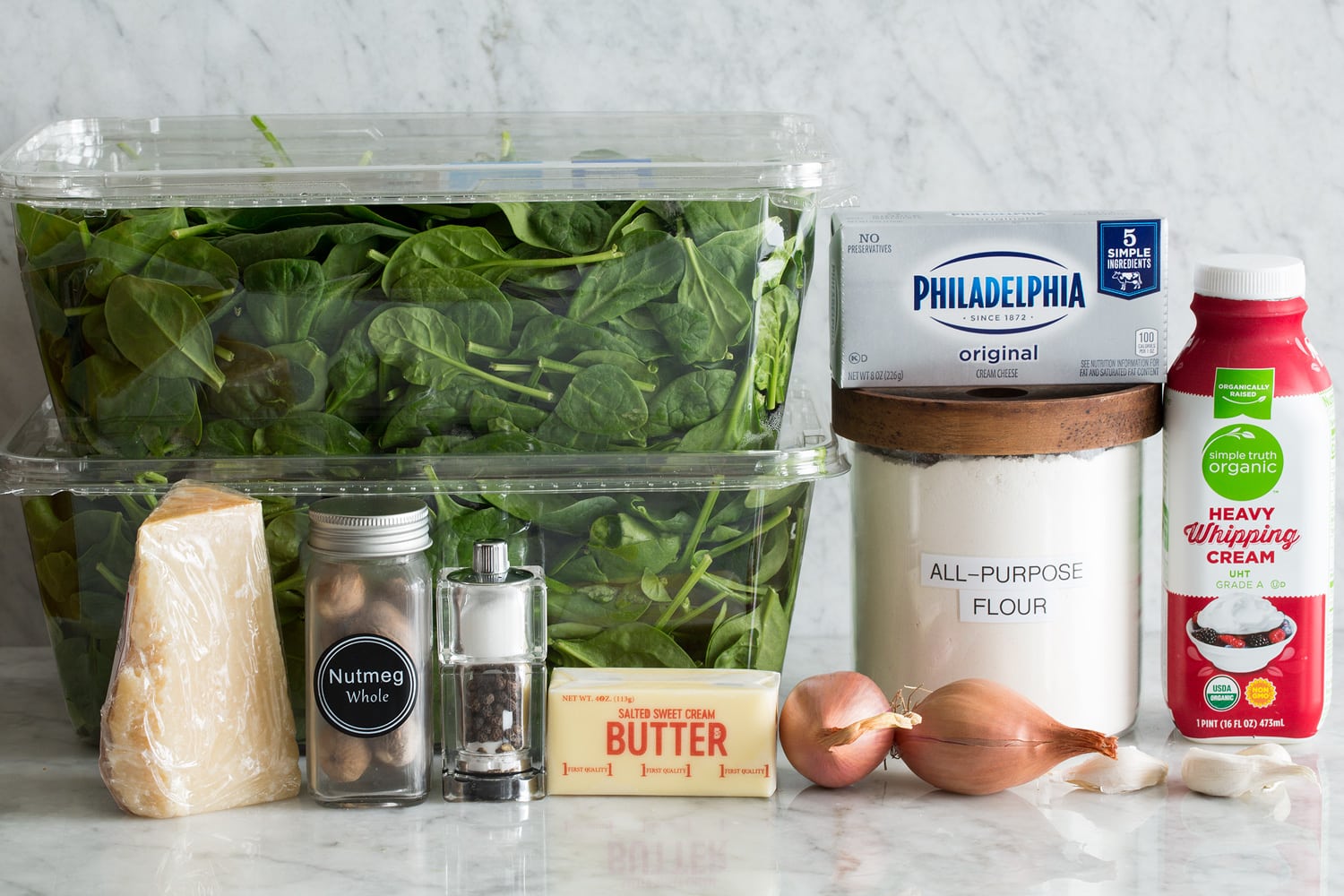 Ingredients needed for creamed spinach.