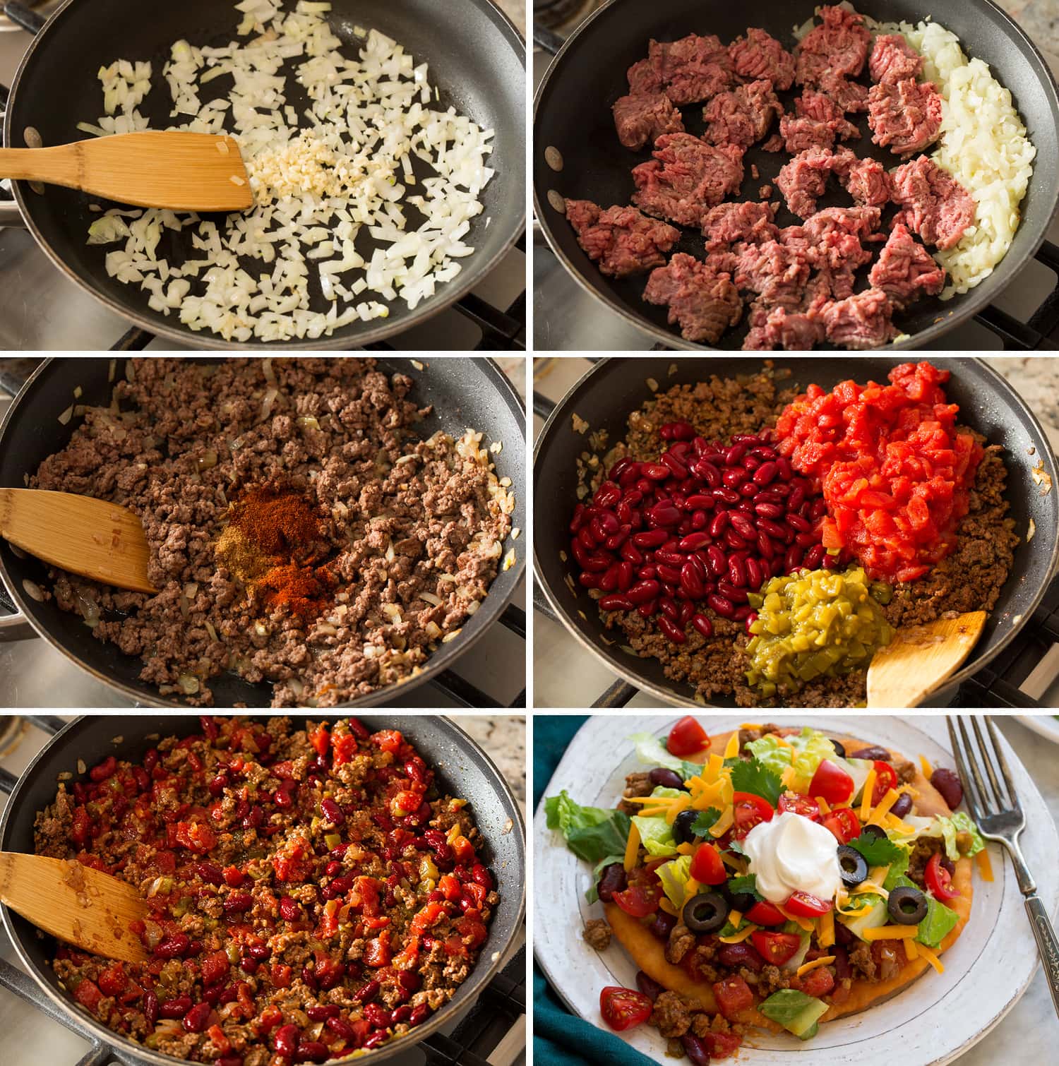 Six steps showing how to make navajo taco filling and layer onto fry bread.