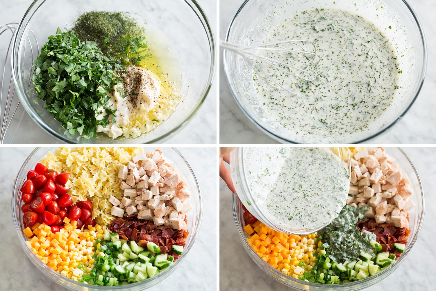 Steps showing how to make dressing and toss with chicken pasta salad ingredients.