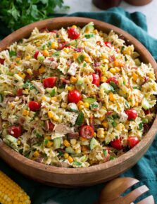 Chicken Pasta Salad with bacon, cheddar and corn.