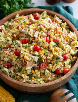 Chicken Pasta Salad with bacon, cheddar and corn.