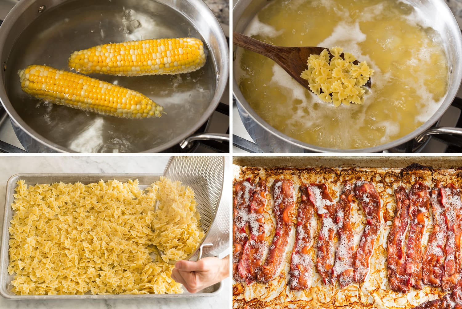 Steps showing how to cook ingredients for pasta salad.