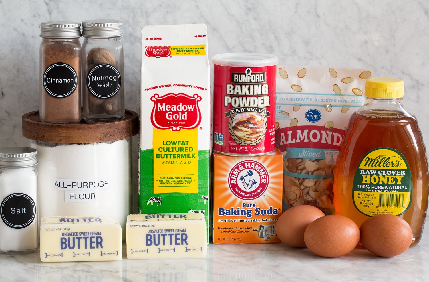 Ingredients needed to make homemade honey cake.