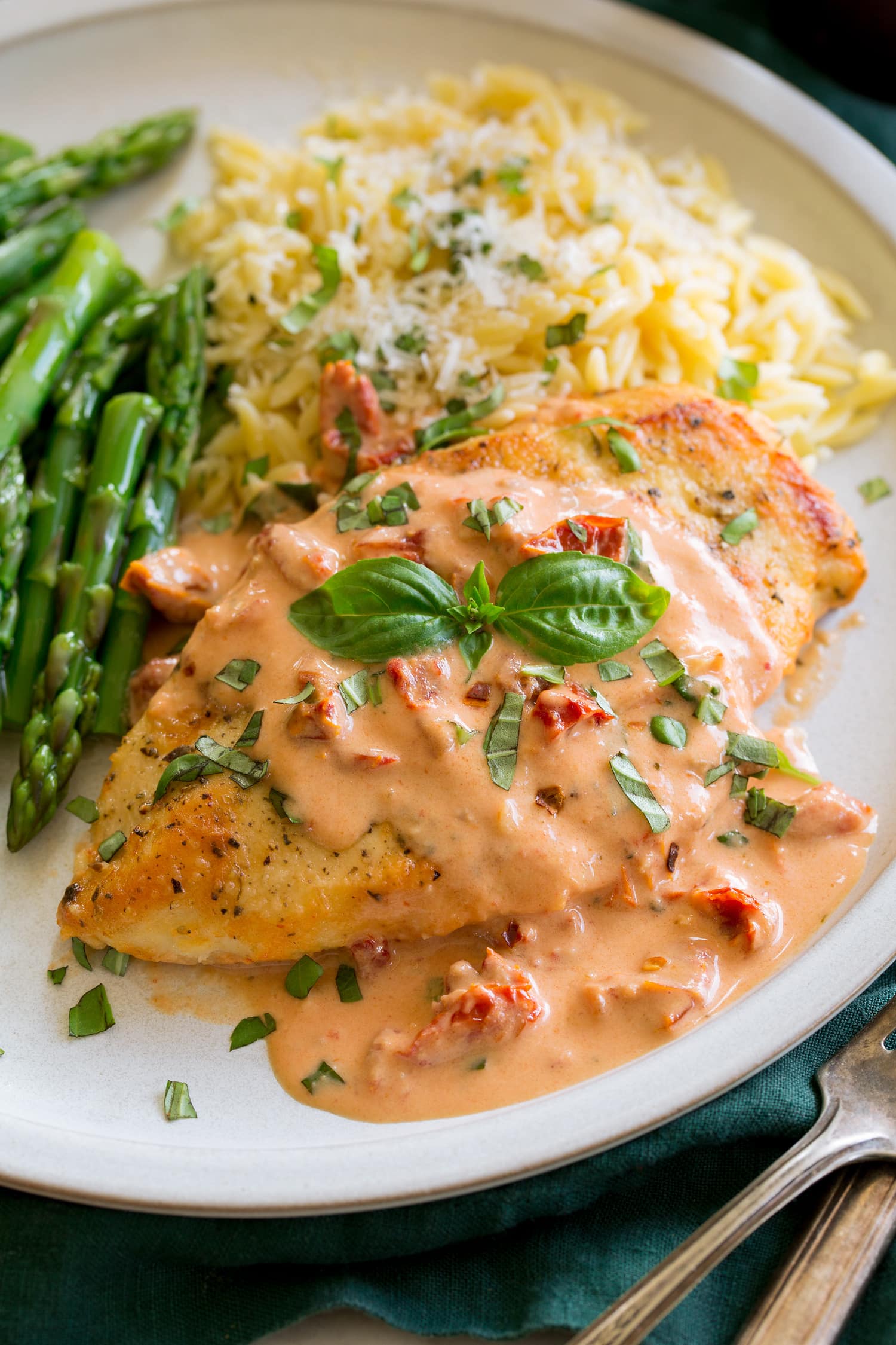 Serving suggestions shown on plate with sun dried tomato chicken.