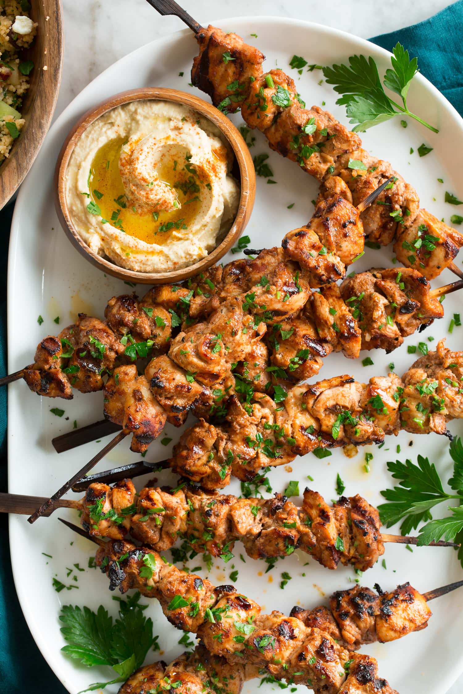 Shish Tawook on skewers with hummus 