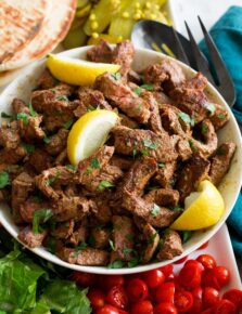 Close up photo of beef shawarma steak strips.