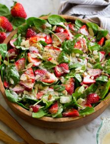 Homemade strawberry spinach salad with easy poppy seed dressing.