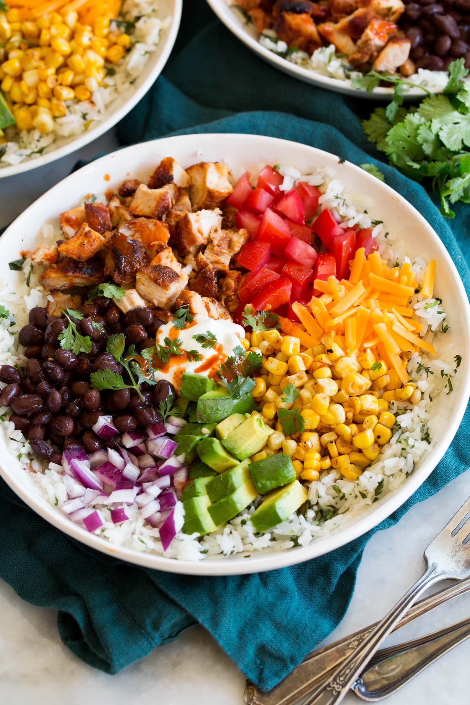 Chicken burrito bowl with cilantro lime rice.