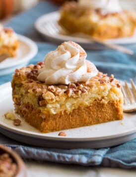 Single slice of pumpkin dump cake shown decorated with a swirl of whipped cream and cinnamon.