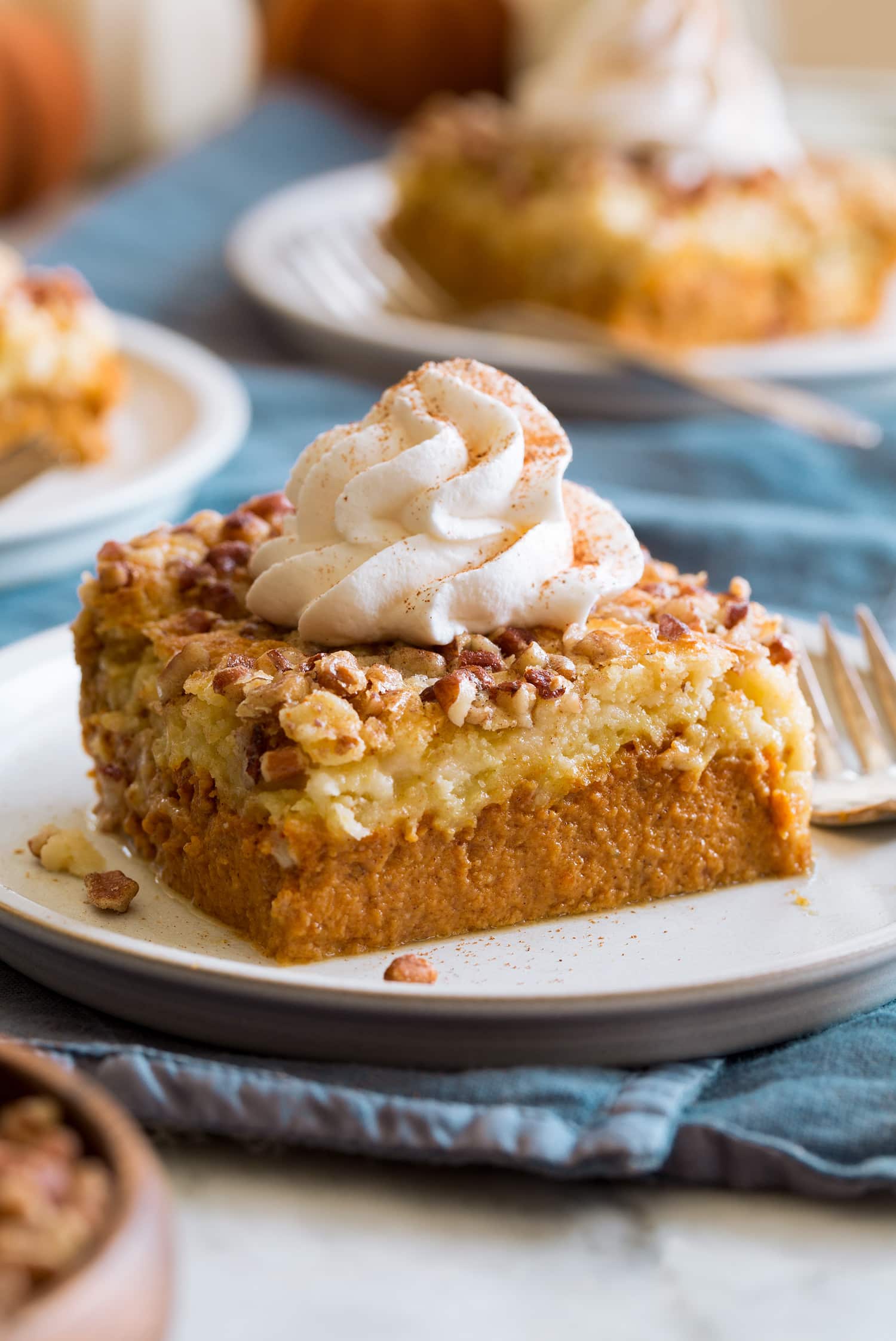 Single slice of pumpkin dump cake shown decorated with a swirl of whipped cream and cinnamon.