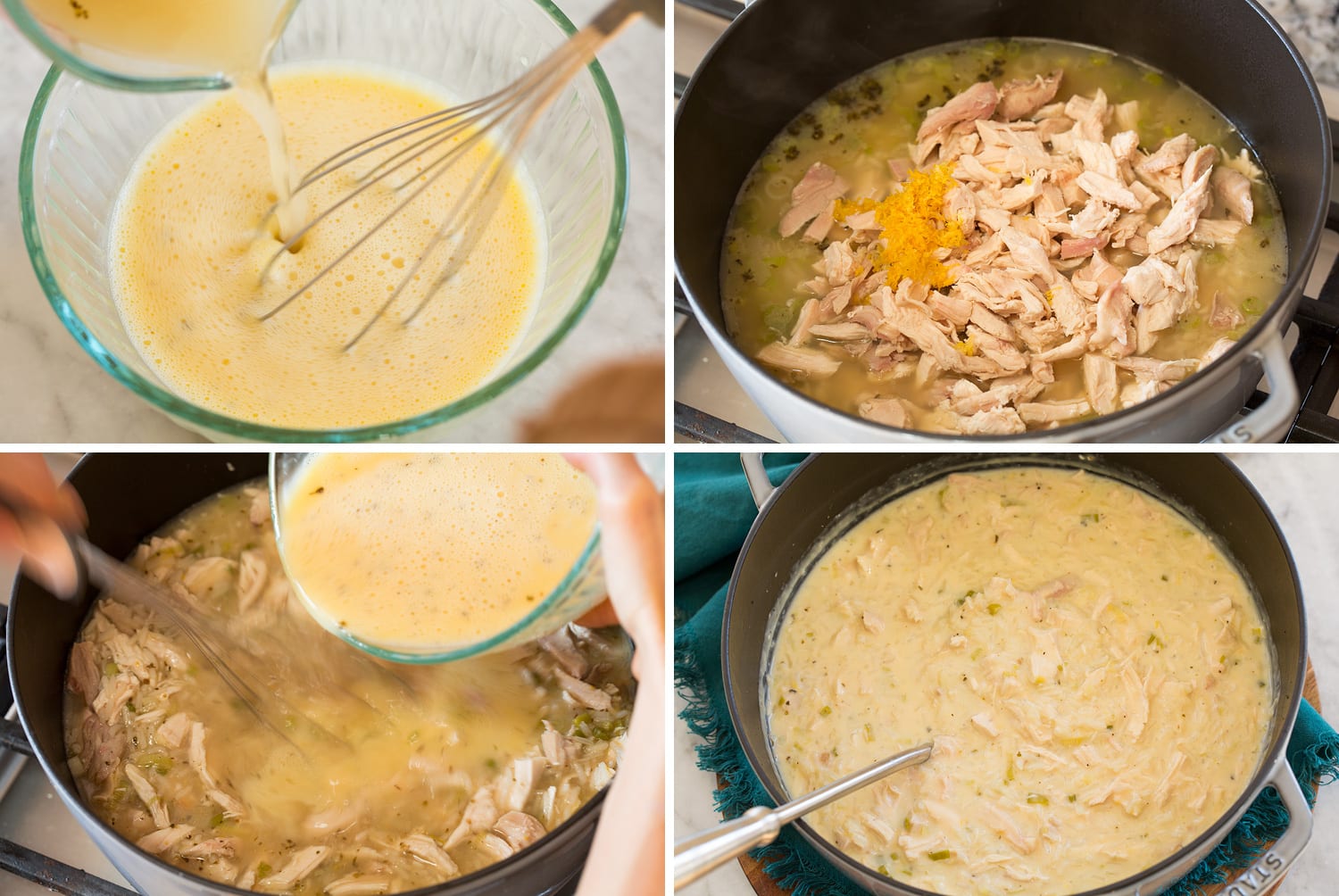 Adding thickeners and chicken to soup.