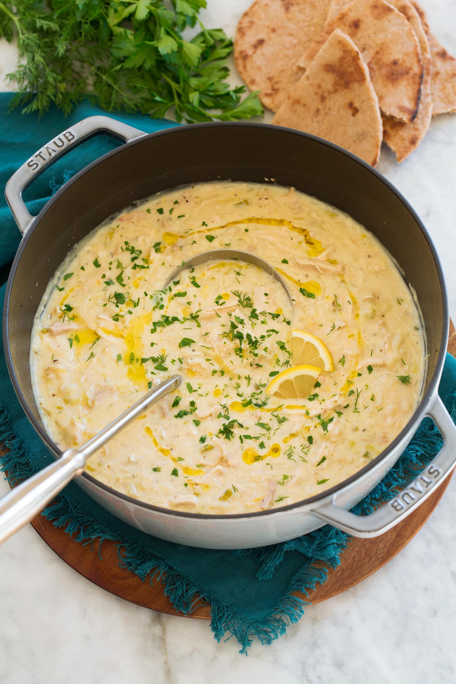 Pot full of avgolemono soup.