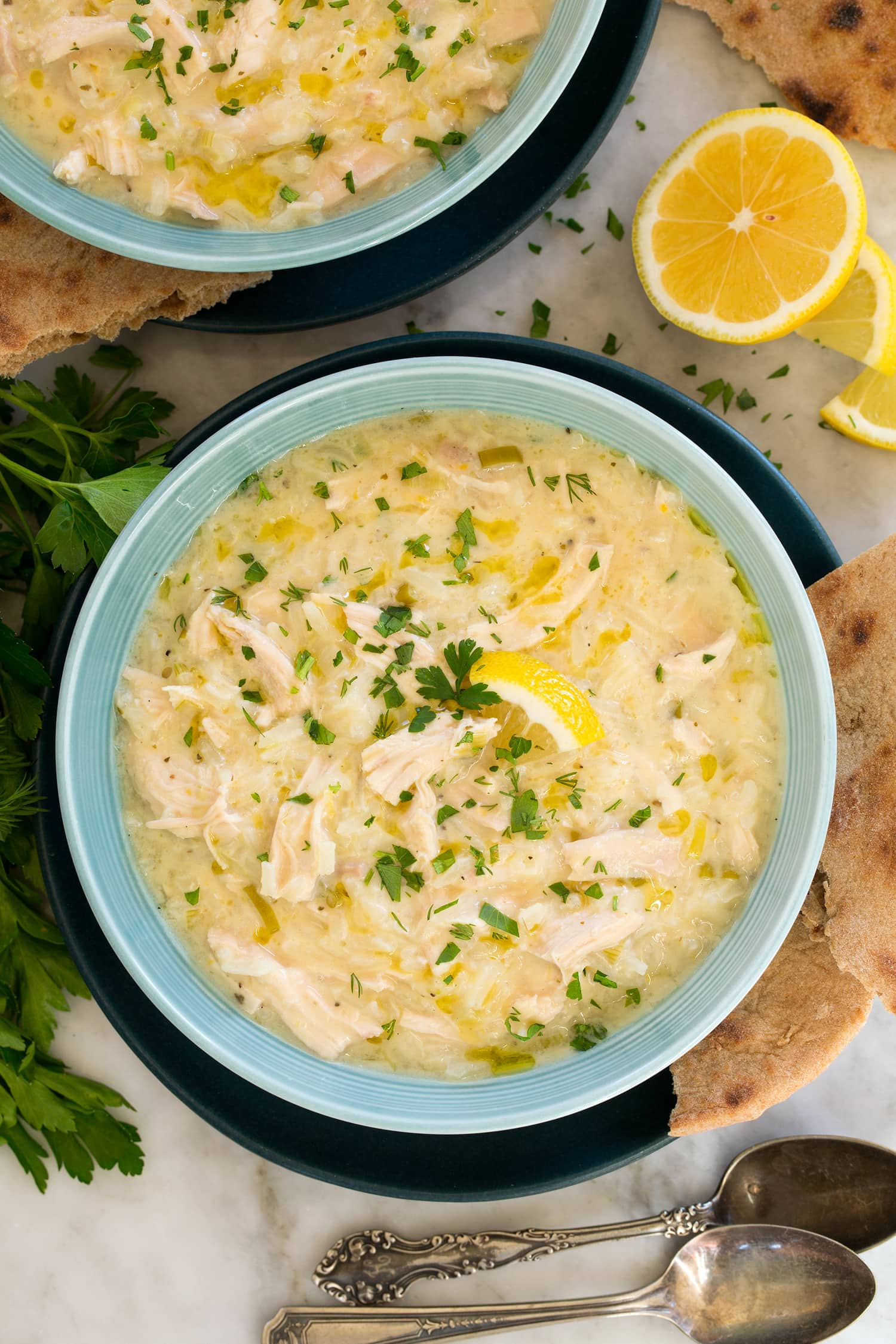 Overhead photo of greek lemon chicken rice soup.