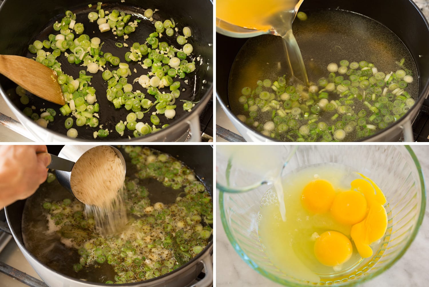 Steps of making base for avgolemono soup.