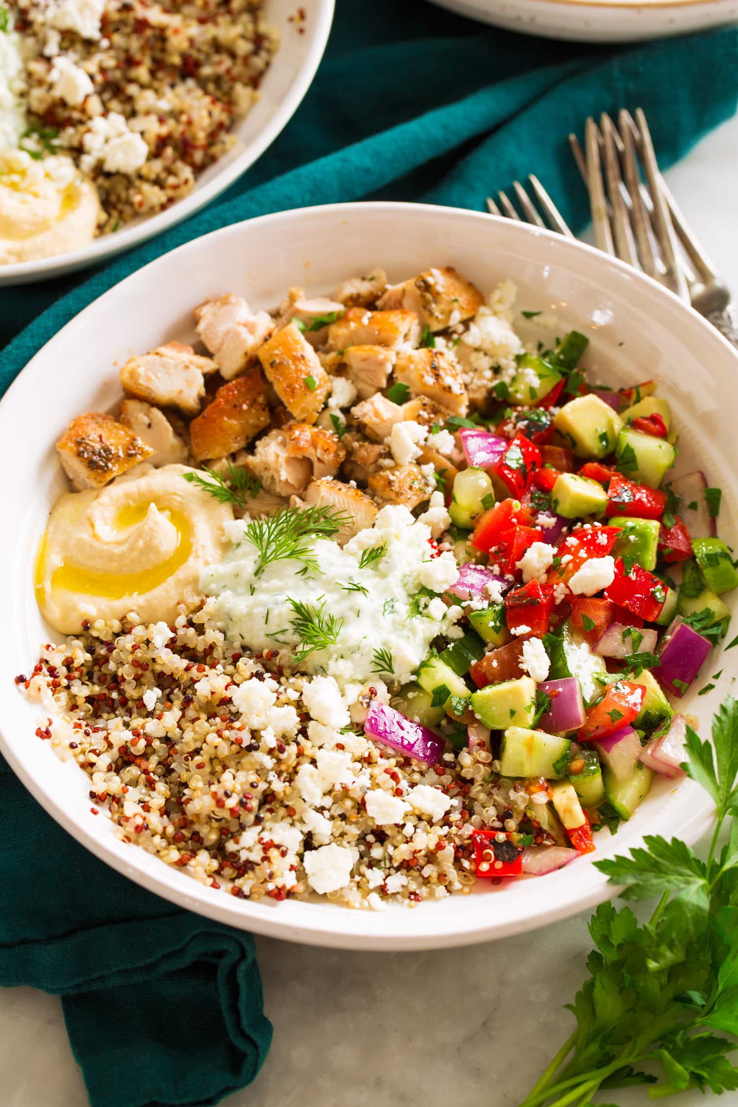 Close up photo of healthy Greek bowl.