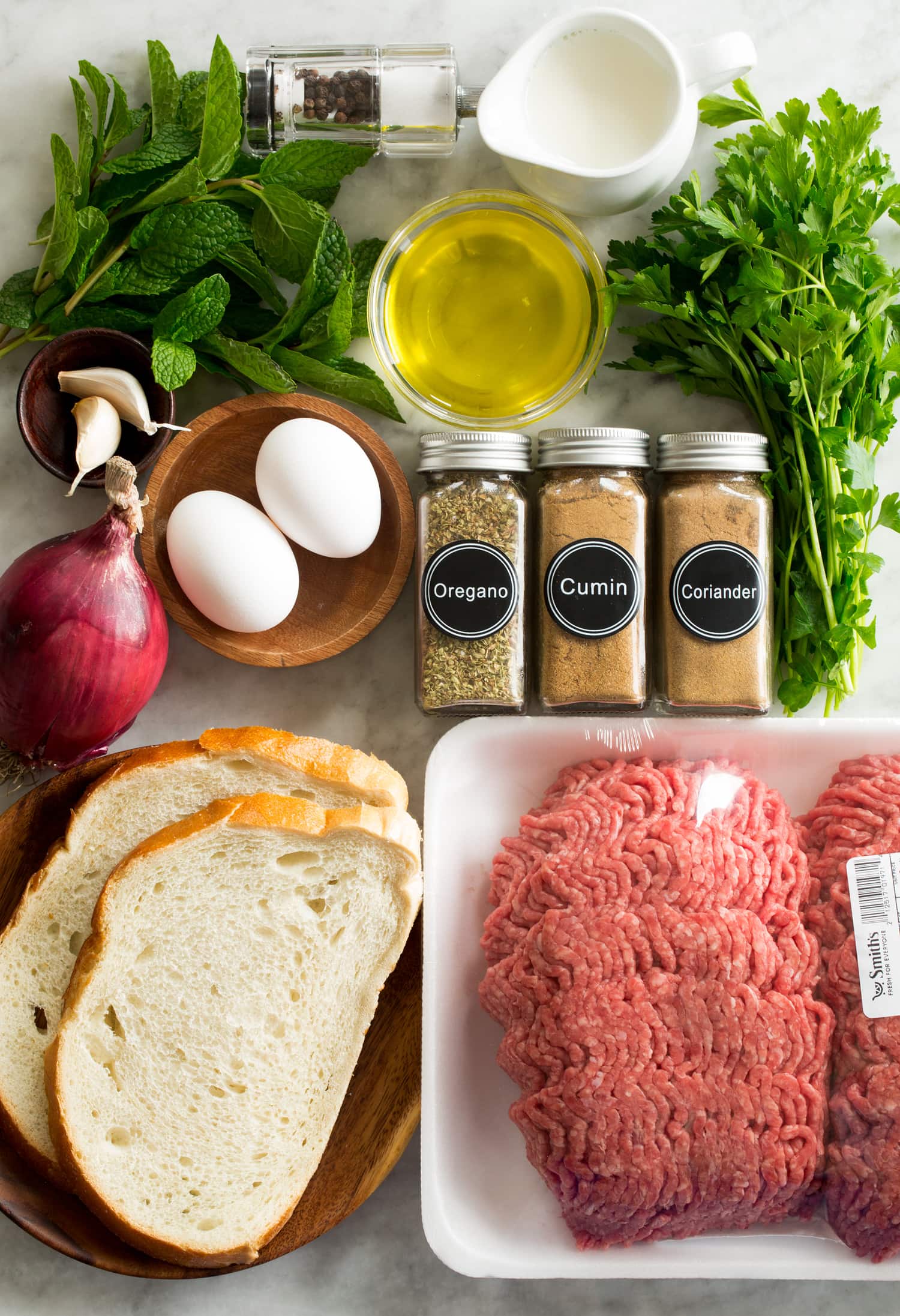 Ingredients needed to make Greek meatballs.