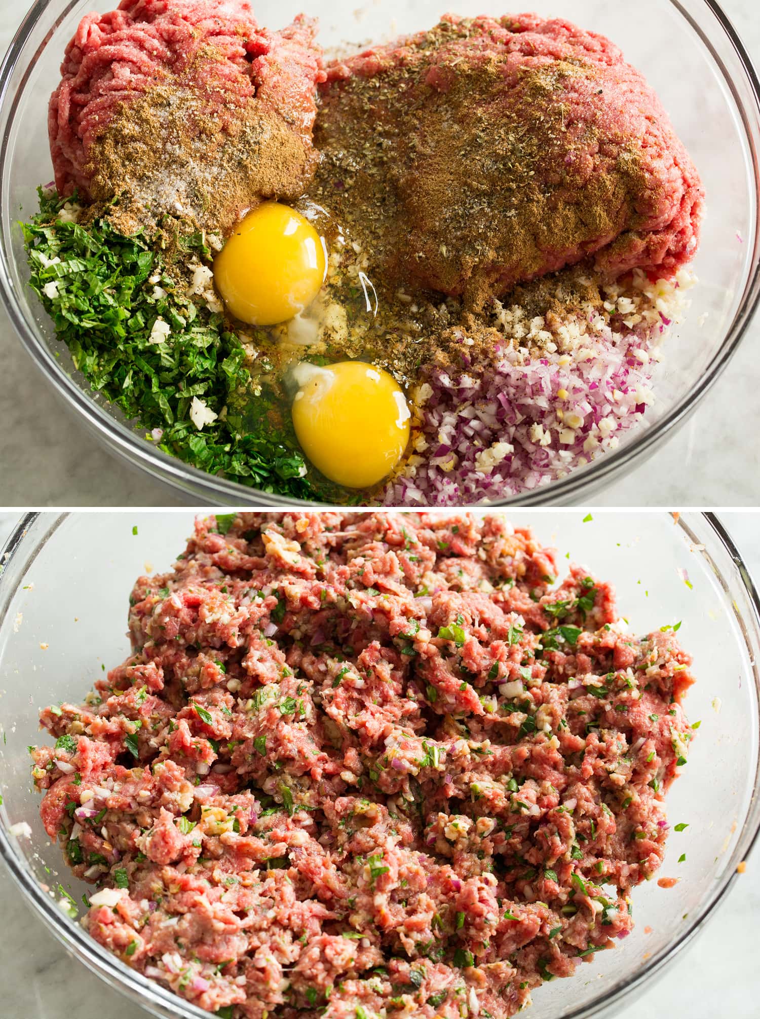 Keftedes meatball mixture before and after mixing.