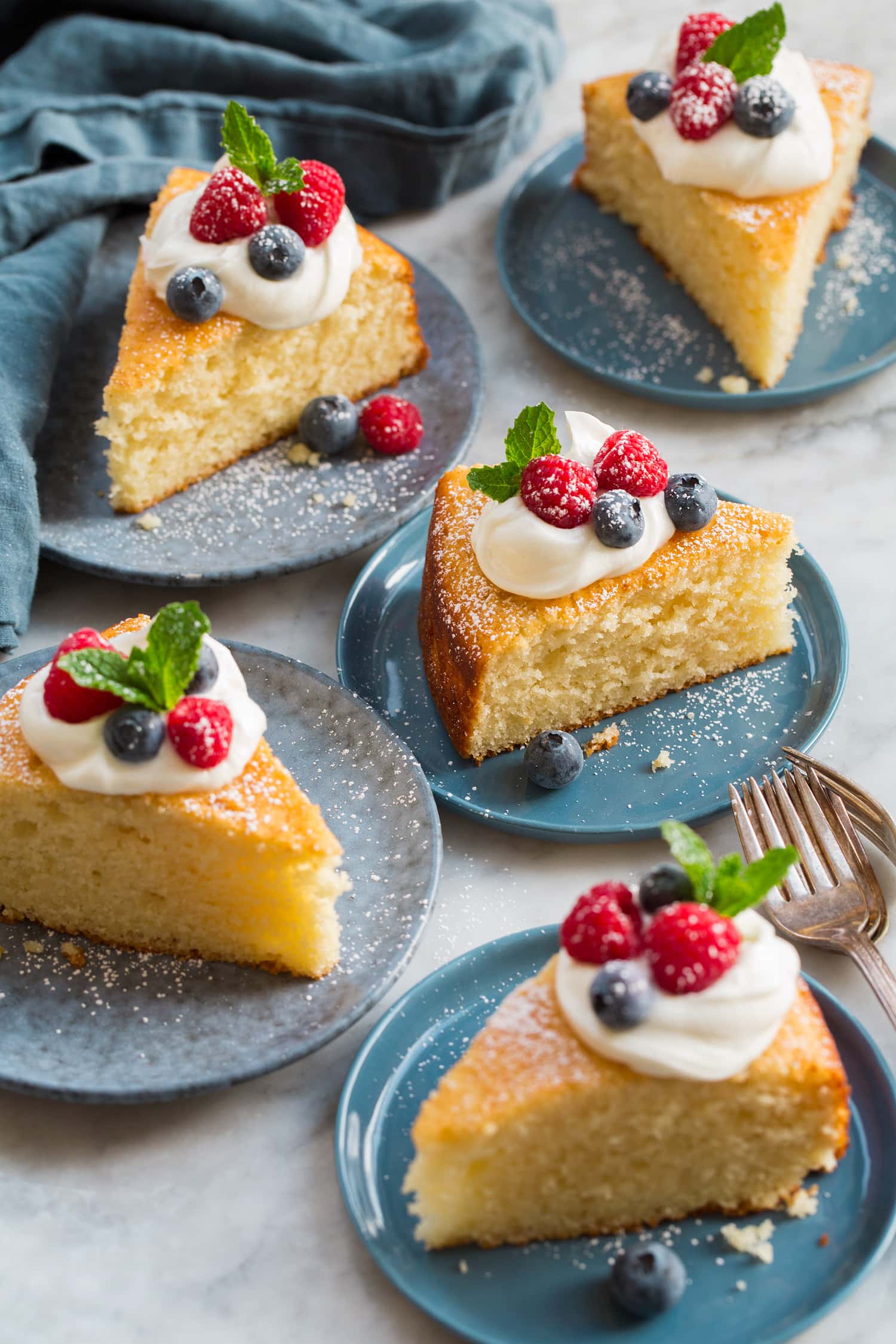 Five slices of yogurt cake shown on blue dessert plates.