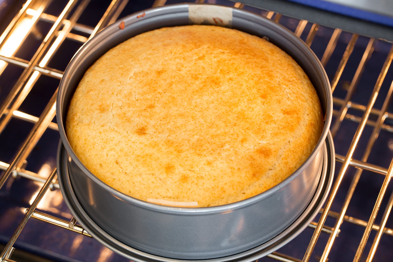 Yogurt cake baking in oven in springform pan.