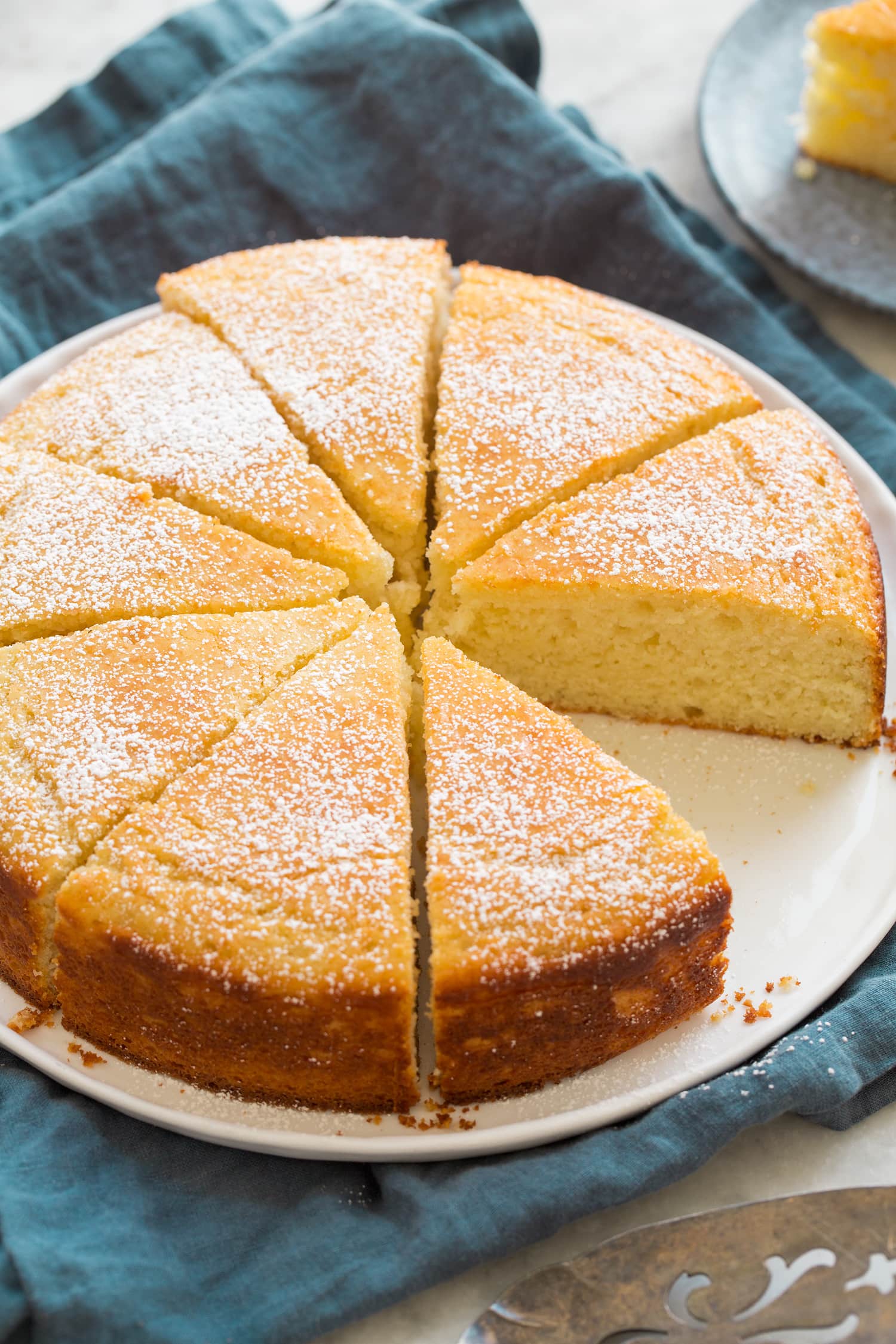 Completed baked yogurt cake sliced with powdered sugar garnished over.