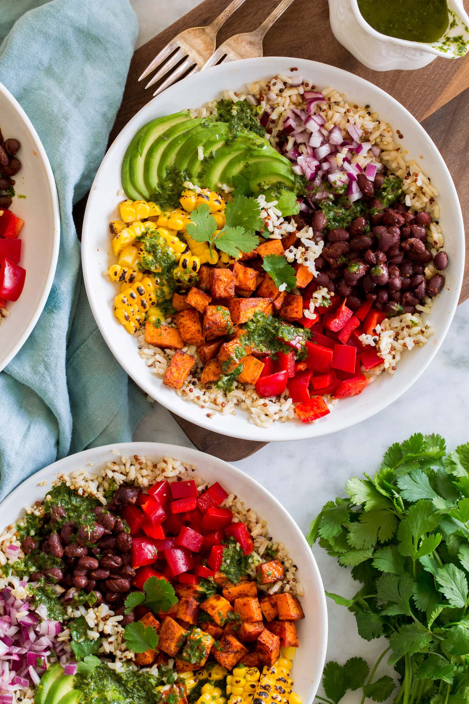 Baja grain bowl with whole grains, black beans, veggies and a cilantro dressing.