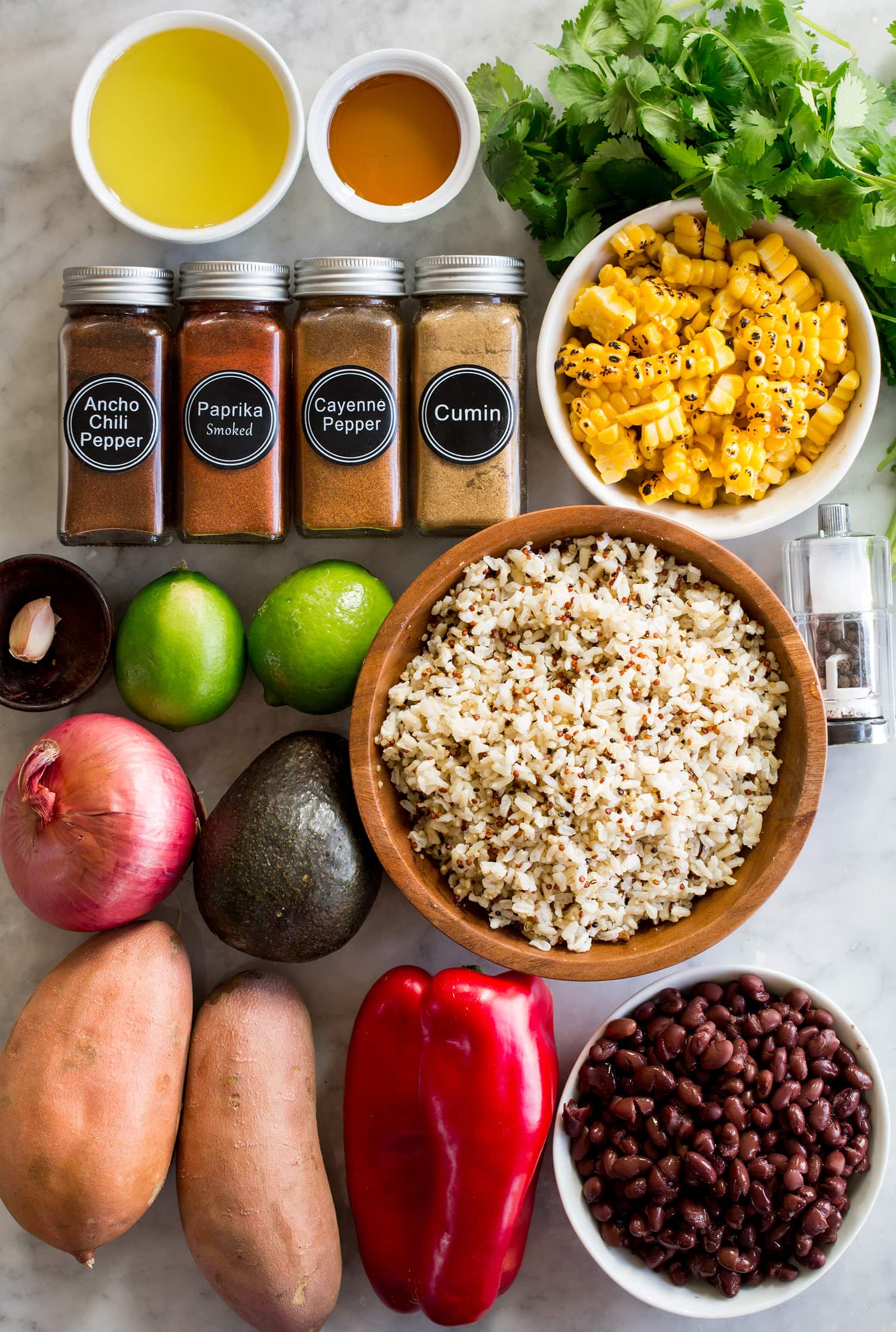 Ingredients needed to make a grain bowl.