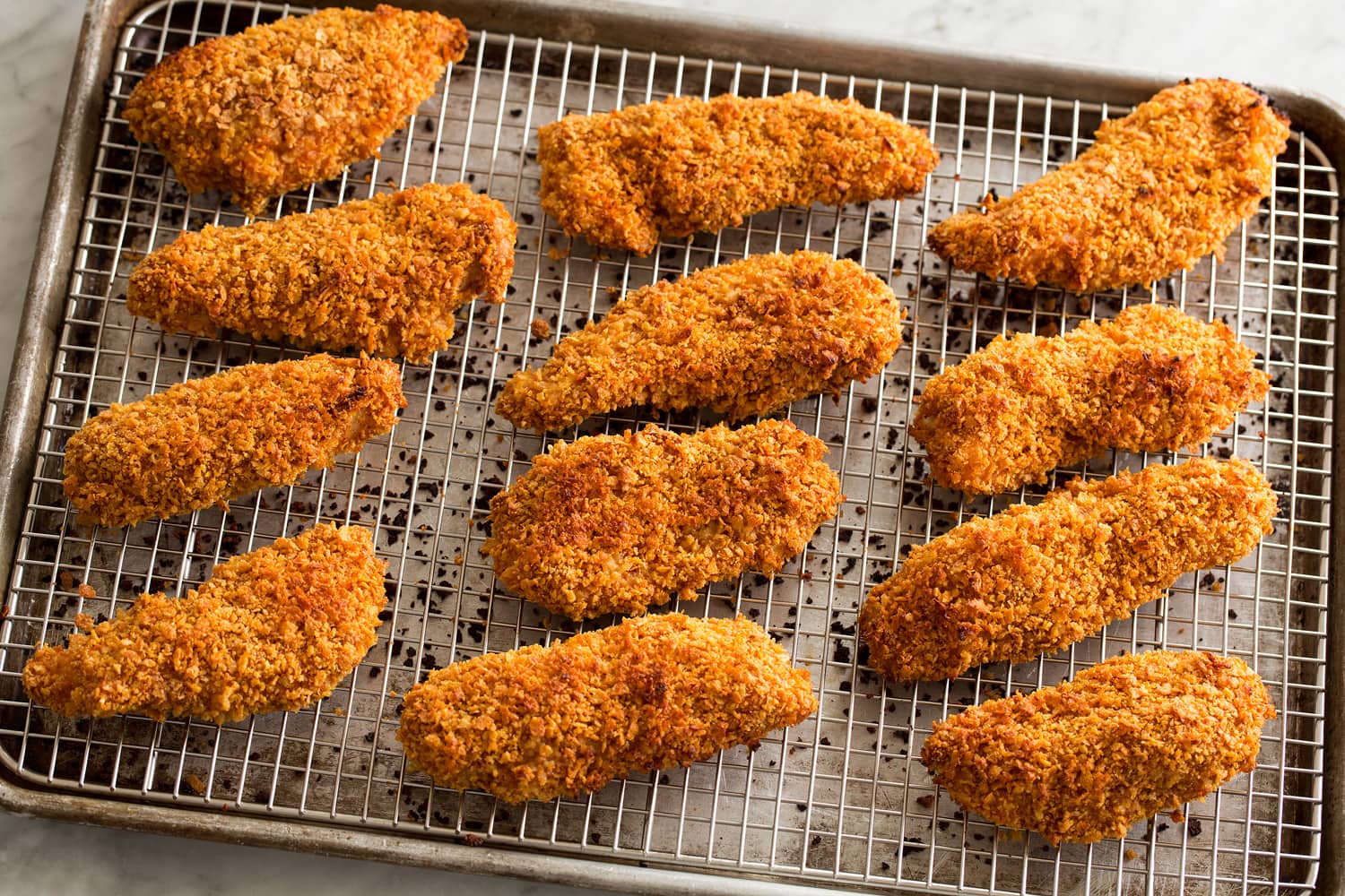 Chicken strips shown after baking. 