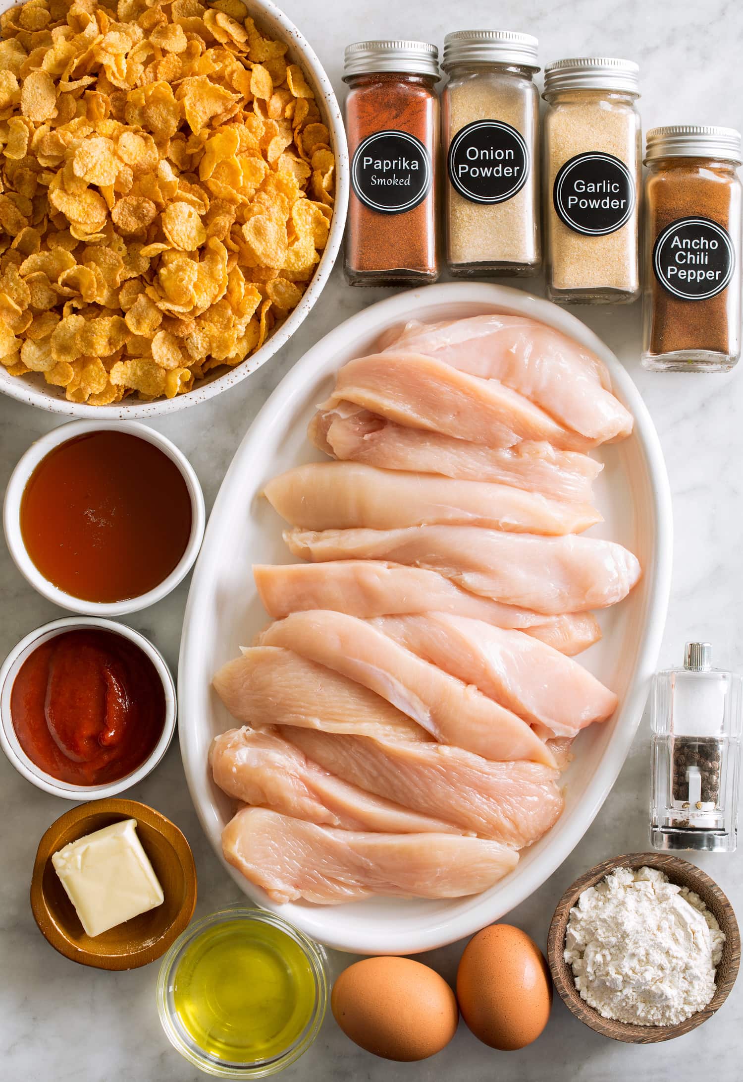 Ingredients used to make hot honey chicken.