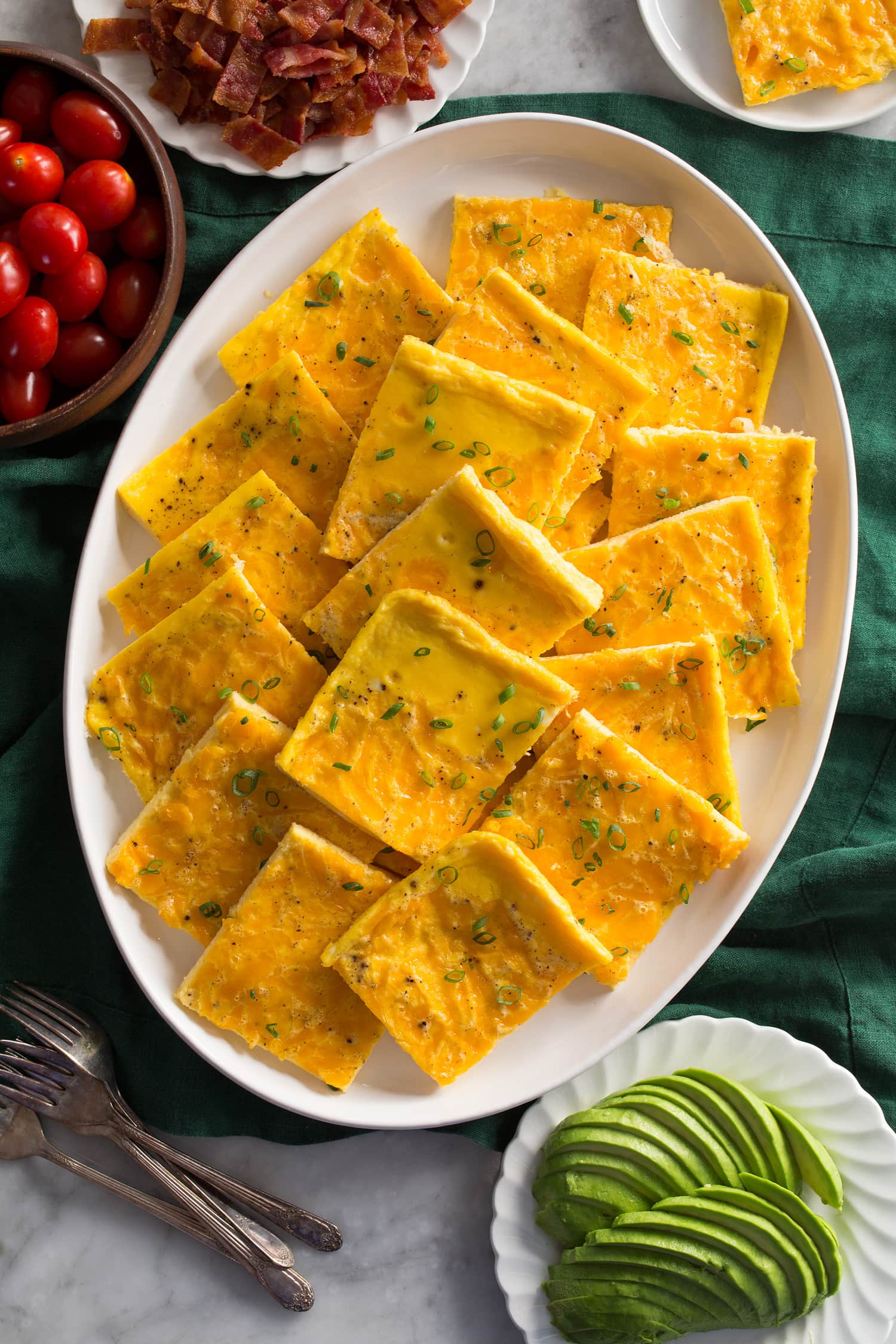 Squares of eggs that were baked in the oven and cut.