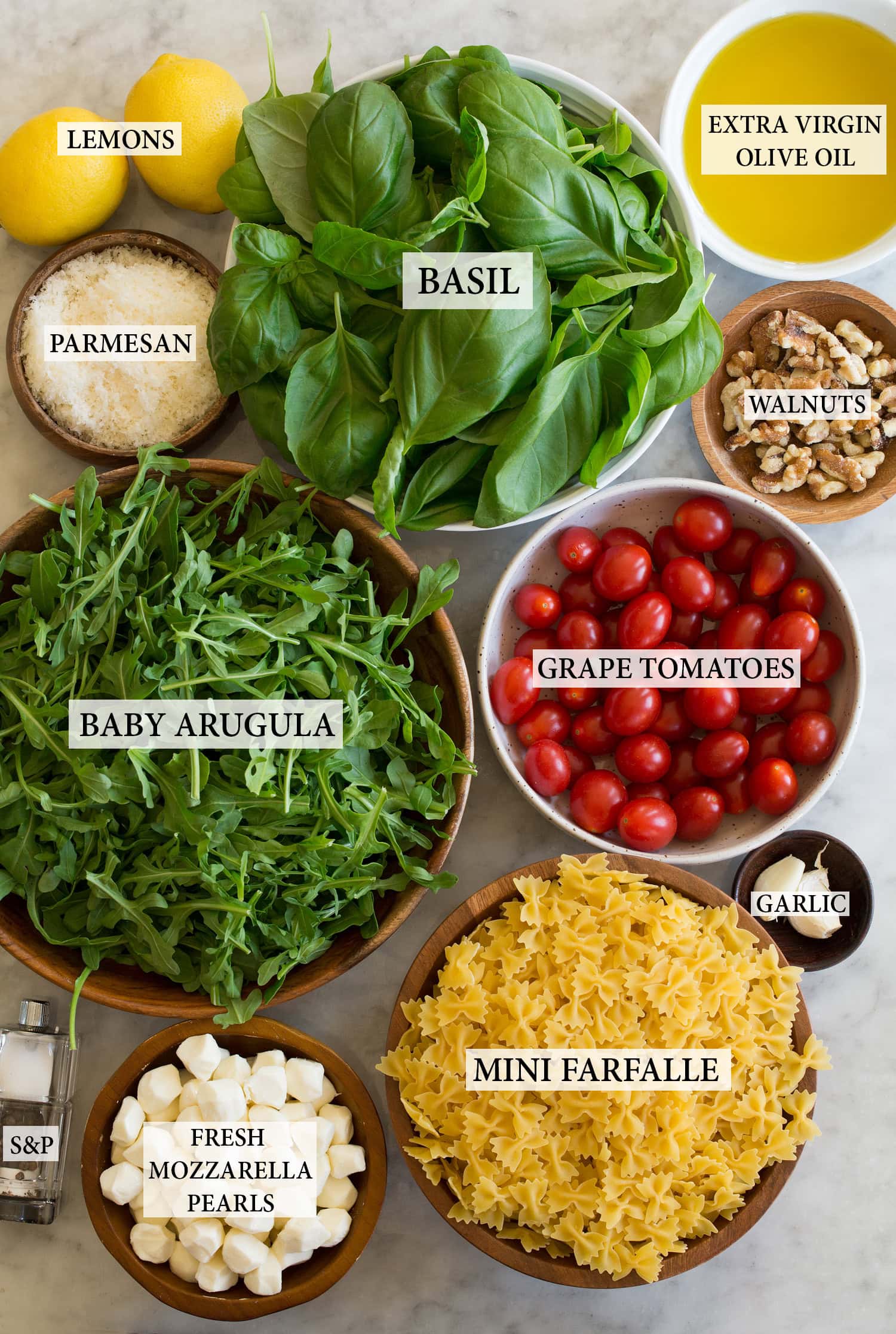 Labeled ingredients needed for pesto pasta salad.