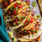 Close up photo of tofu tacos.