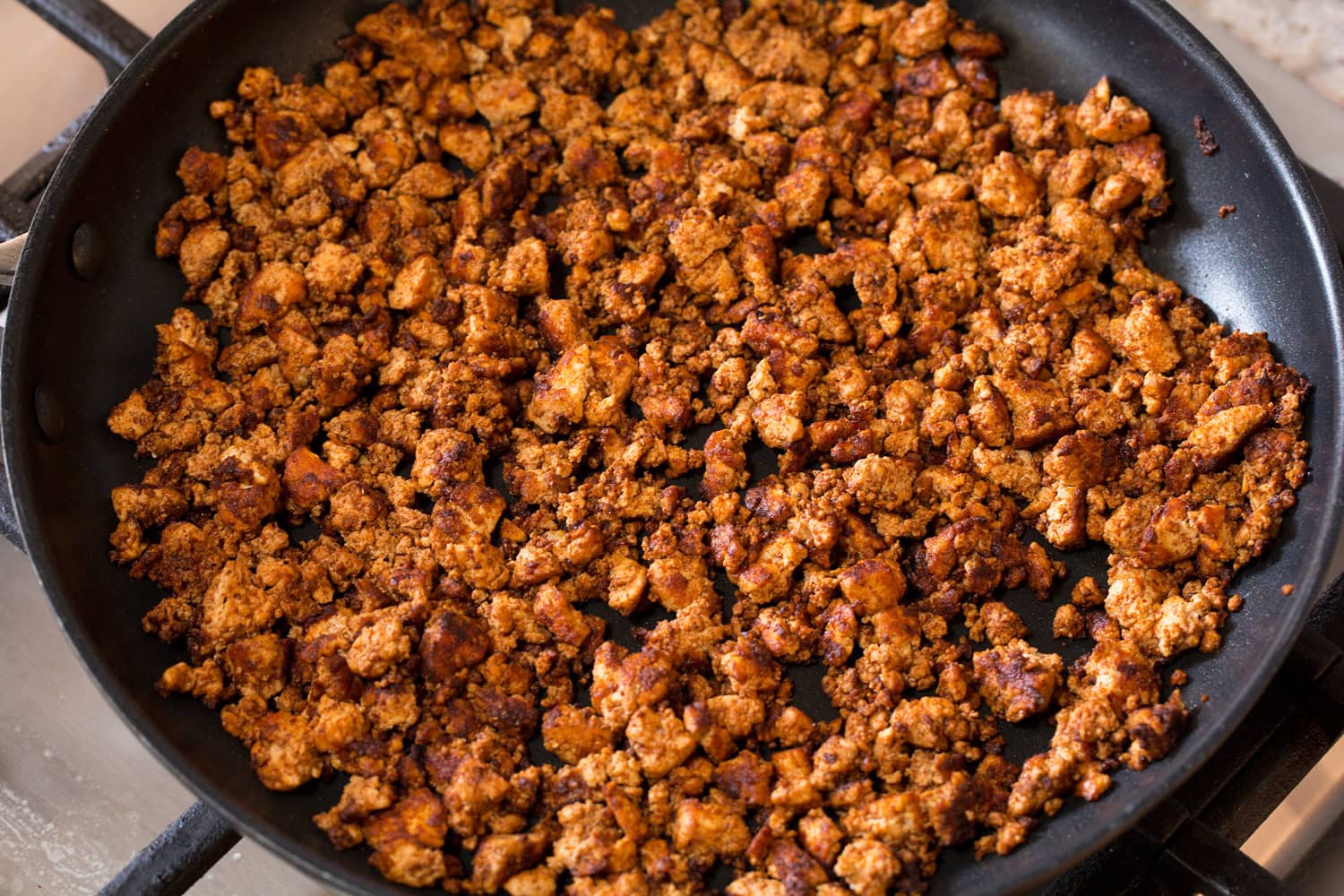 Tofu tacos filling cooked in a skillet.